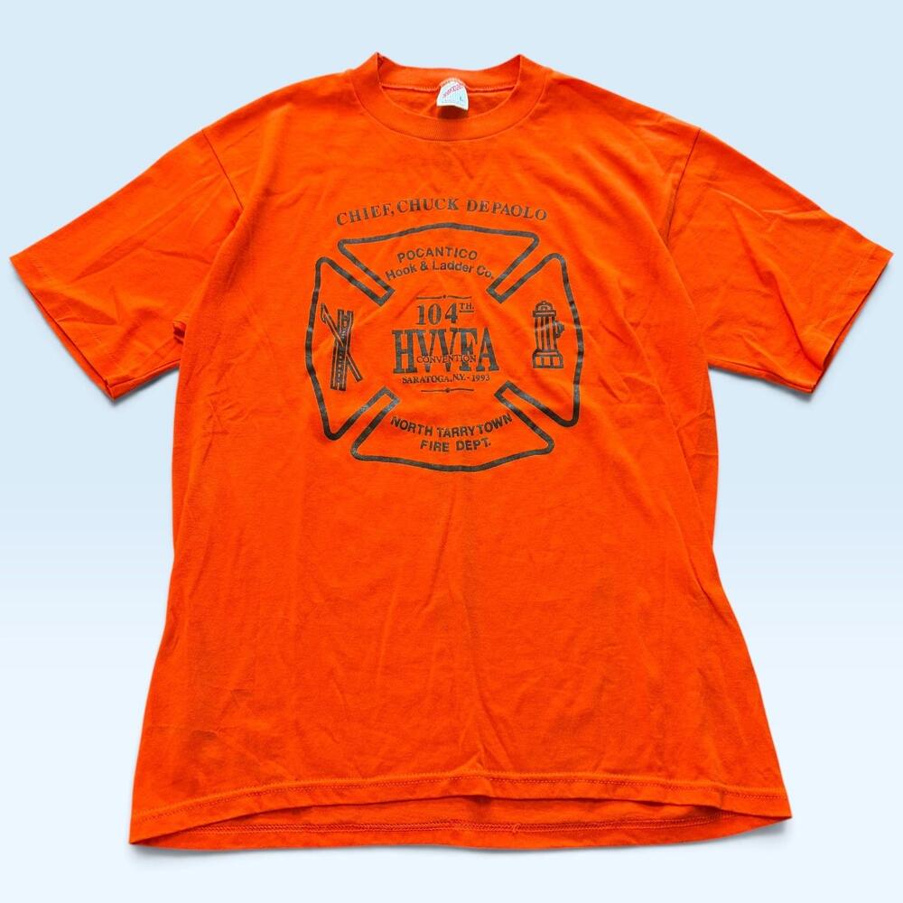 Vintage Jerzees Shirt Mens Large Orange North Tarrytown Fire Dept T-Shirt 1993